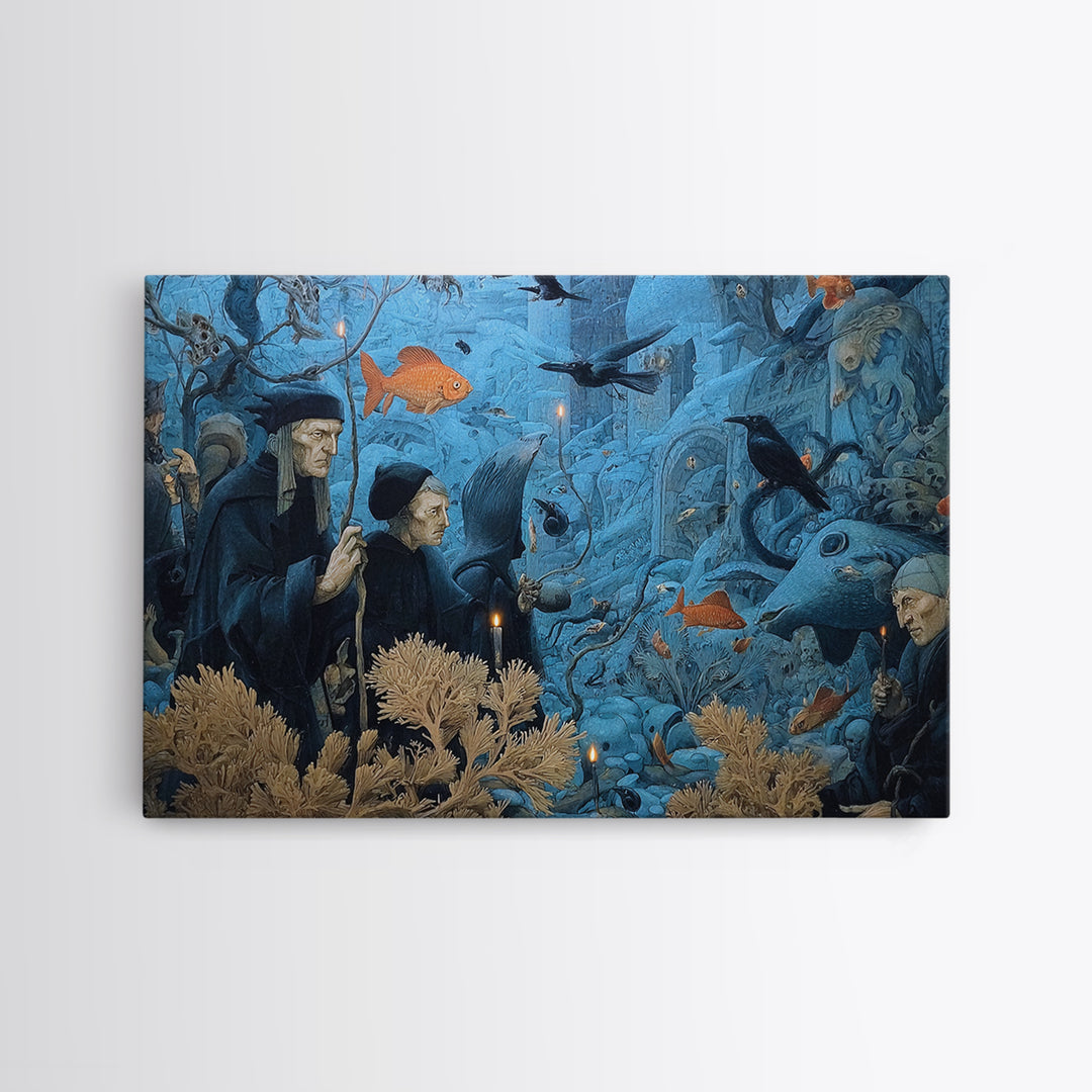 The Underwater Graveyard, Medieval Grotesque Art, Landscape Wall Art, Dark Halloween Decor, Framed Canvas Print, Halloween Wall Art