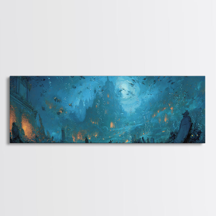 The Underwater Graveyard, Apocalyptic Romantic Art, Extra Wide Wall Art, Dark Fantasy Wall Art, Framed Canvas Print, Halloween Wall Art