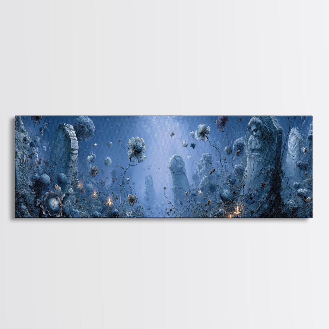 The Underwater Graveyard, Symbolist Dream Art, Extra Wide Wall Art, Dark Halloween Decor, Canvas Print, Halloween Wall Art