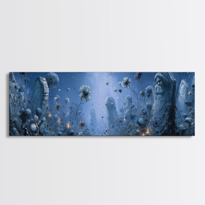 The Underwater Graveyard, Symbolist Dream Art, Extra Wide Wall Art, Dark Halloween Decor, Canvas Print, Halloween Wall Art