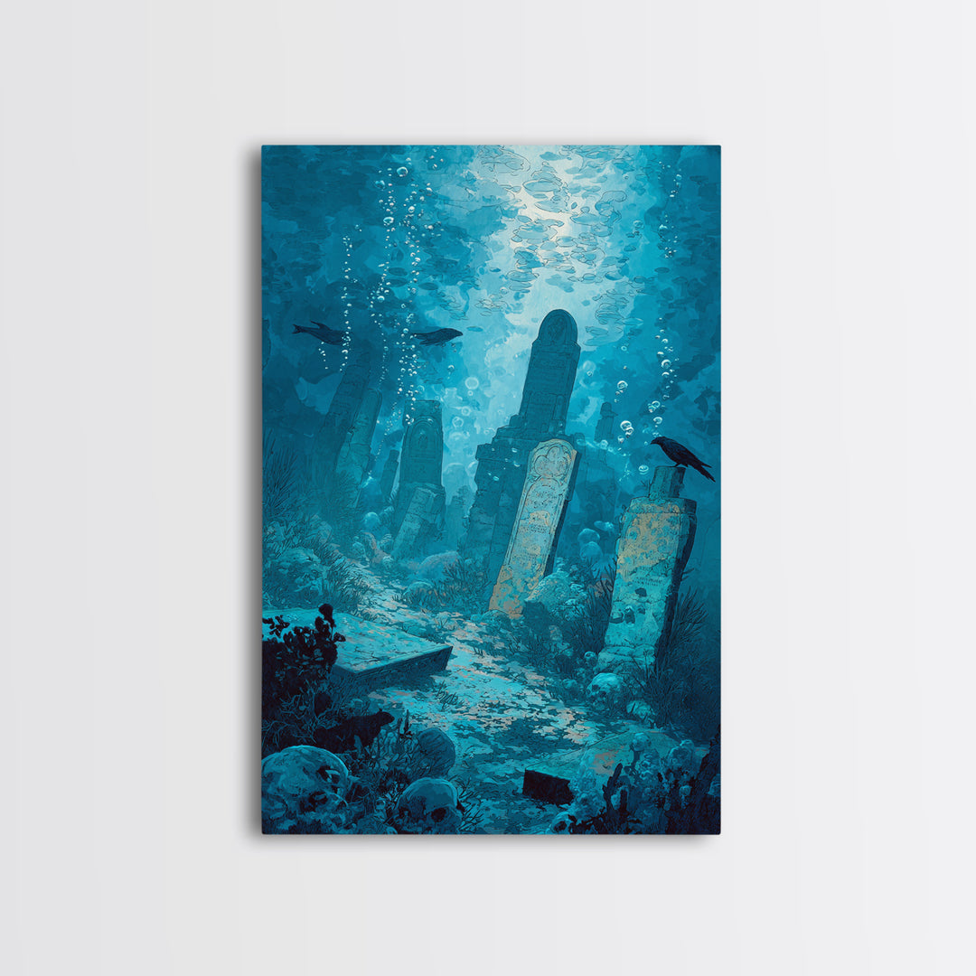 The Underwater Graveyard, Decadent Gothic Art, Vertical Wall Art, Gothic Horror Wall Art, Framed Canvas Print, Halloween Wall Art