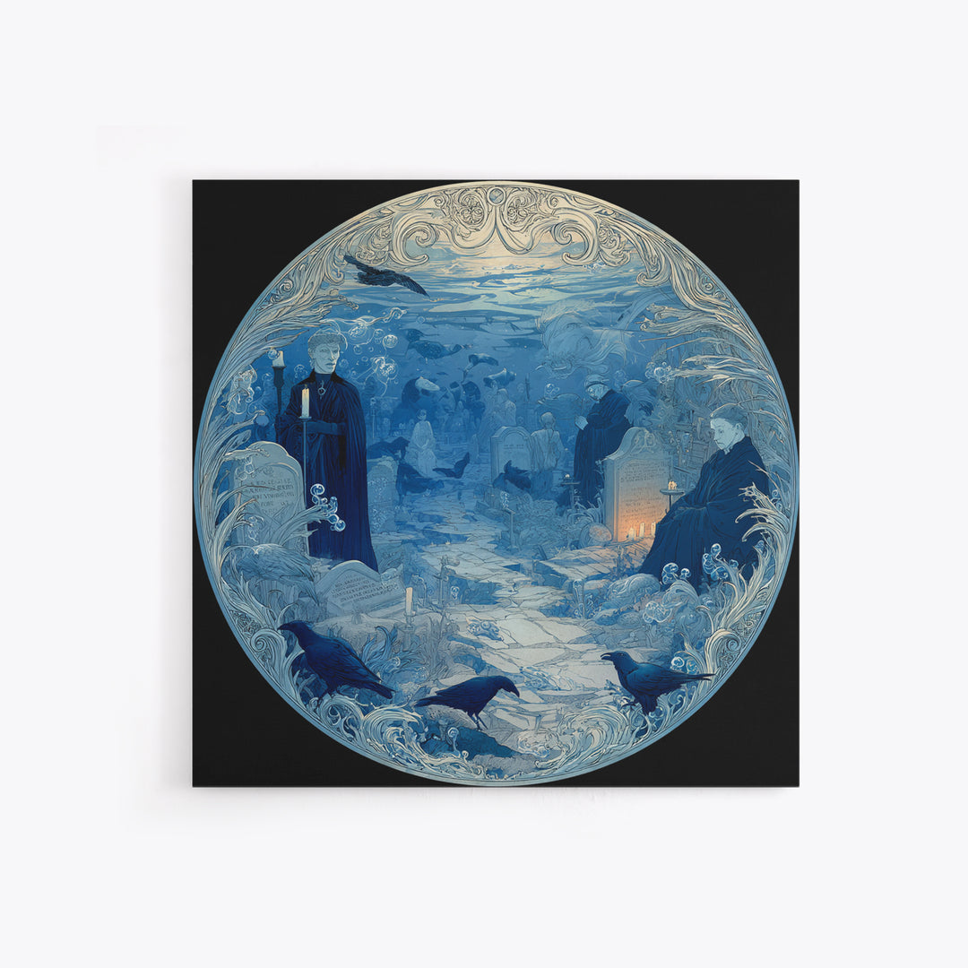 The Underwater Graveyard, Symbolist Death Art, Square Wall Art, Dark Fantasy Wall Art, Framed Canvas Print, Halloween Wall Art