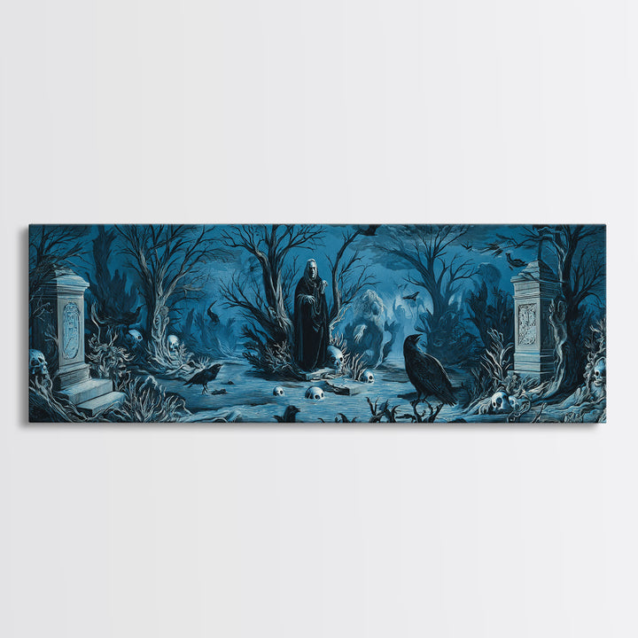 The Underwater Graveyard, Symbolist Etching Art, Extra Wide Wall Art, Macabre Wall Art, Canvas Print, Halloween Wall Art