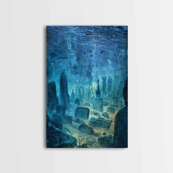 The Underwater Graveyard, Expressionist Gothic Art, Vertical Wall Art, Dark Fantasy Wall Art, Framed Canvas Print, Halloween Wall Art