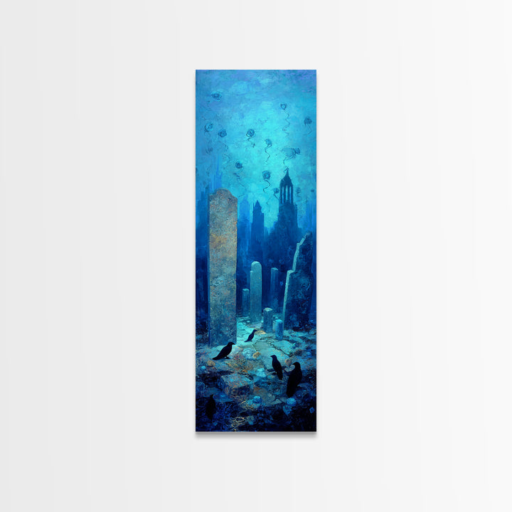 The Underwater Graveyard, Surreal Apocalyptic Art, Tall Narrow Wall Art, Gothic Horror Wall Art, Framed Canvas Print