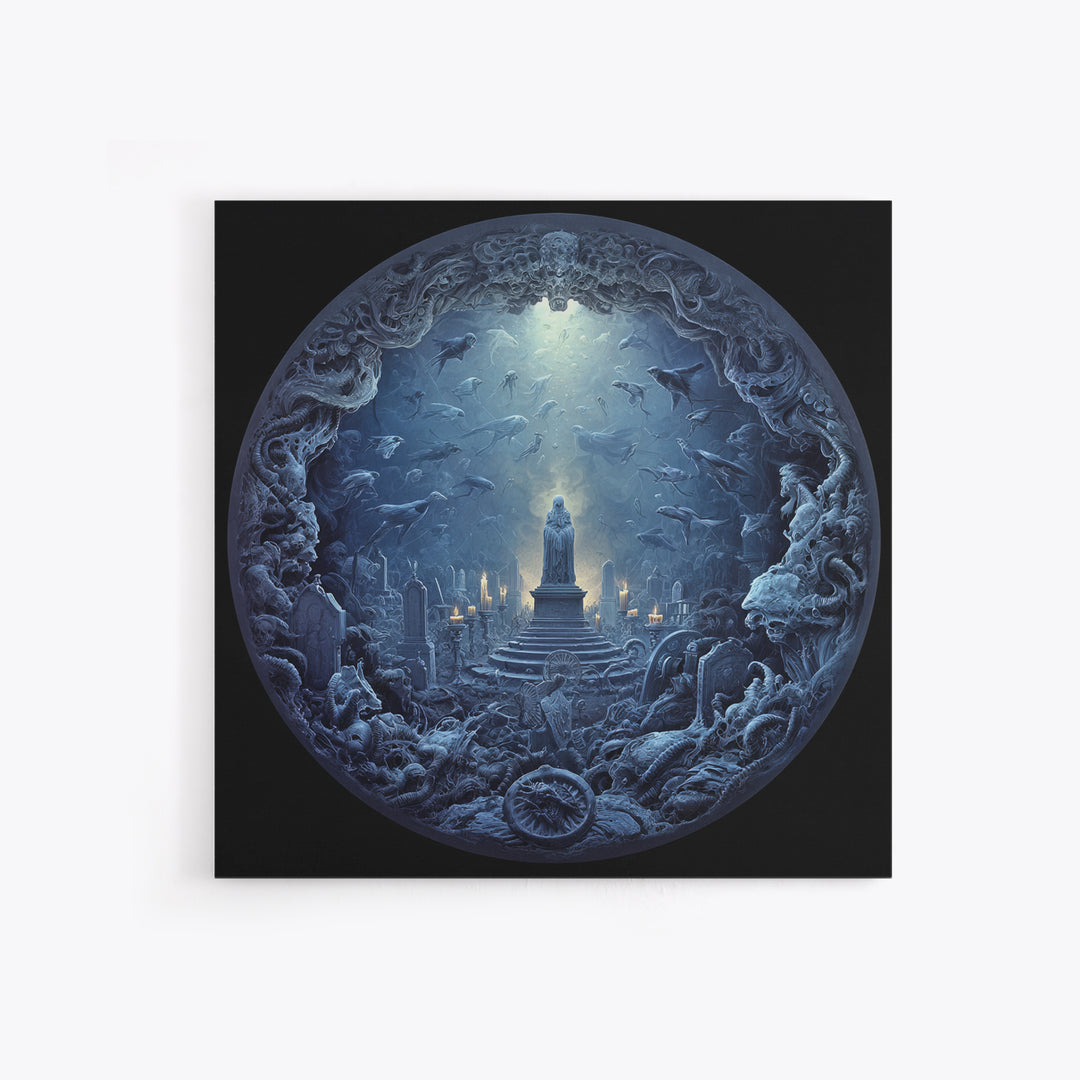 The Underwater Graveyard, Biomechanical Horror Art, Square Wall Art, Dark Fantasy Wall Art, Framed Canvas Print, Halloween Wall Art