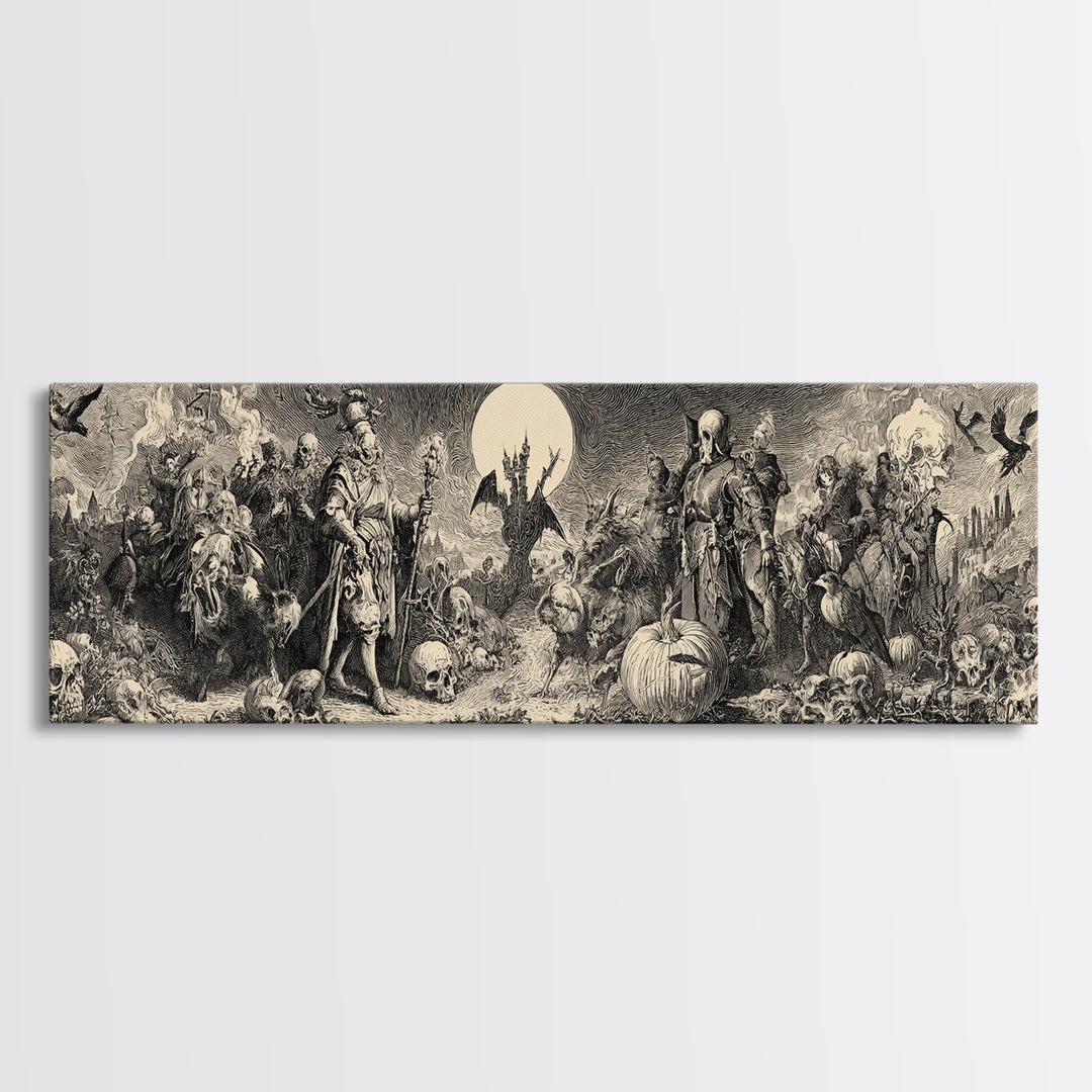 Desert Halloween, Renaissance Engraving Art, Extra Wide Wall Art, Macabre Wall Art, Framed Canvas Print, Halloween Wall Art