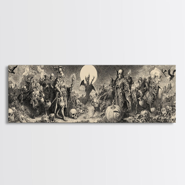 Desert Halloween, Renaissance Engraving Art, Extra Wide Wall Art, Macabre Wall Art, Framed Canvas Print, Halloween Wall Art