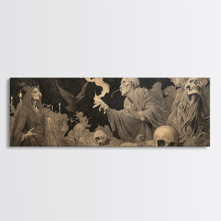 Desert Halloween, Symbolist Etching Art, Extra Wide Wall Art, Dark Halloween Decor, Canvas Print, Halloween Wall Art, Dark Fantasy Art