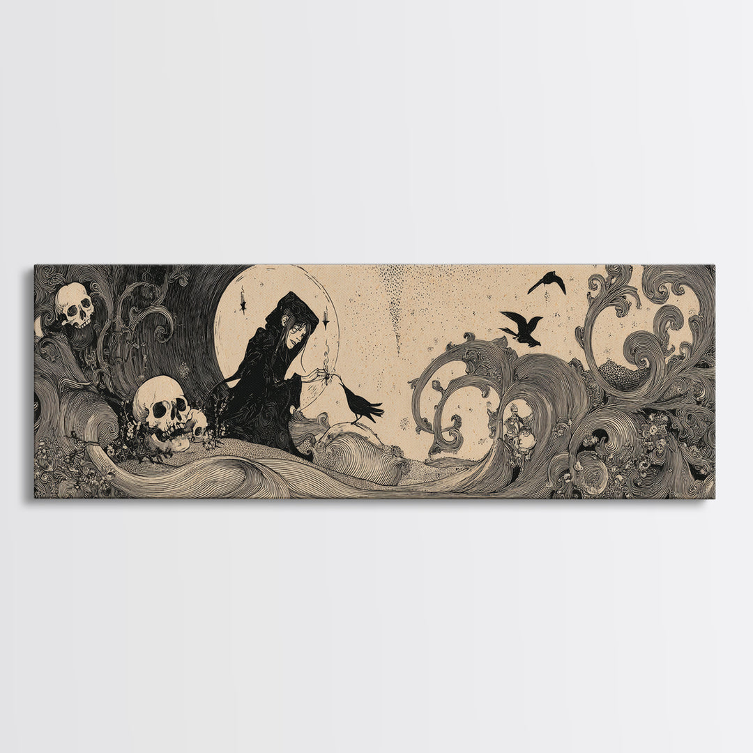 Desert Halloween, Decadent Line Art, Extra Wide Wall Art, Macabre Wall Art, Framed Canvas Print, Halloween Wall Art