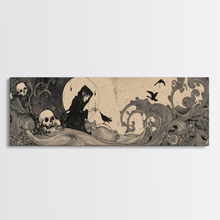 Desert Halloween, Decadent Line Art, Extra Wide Wall Art, Macabre Wall Art, Framed Canvas Print, Halloween Wall Art