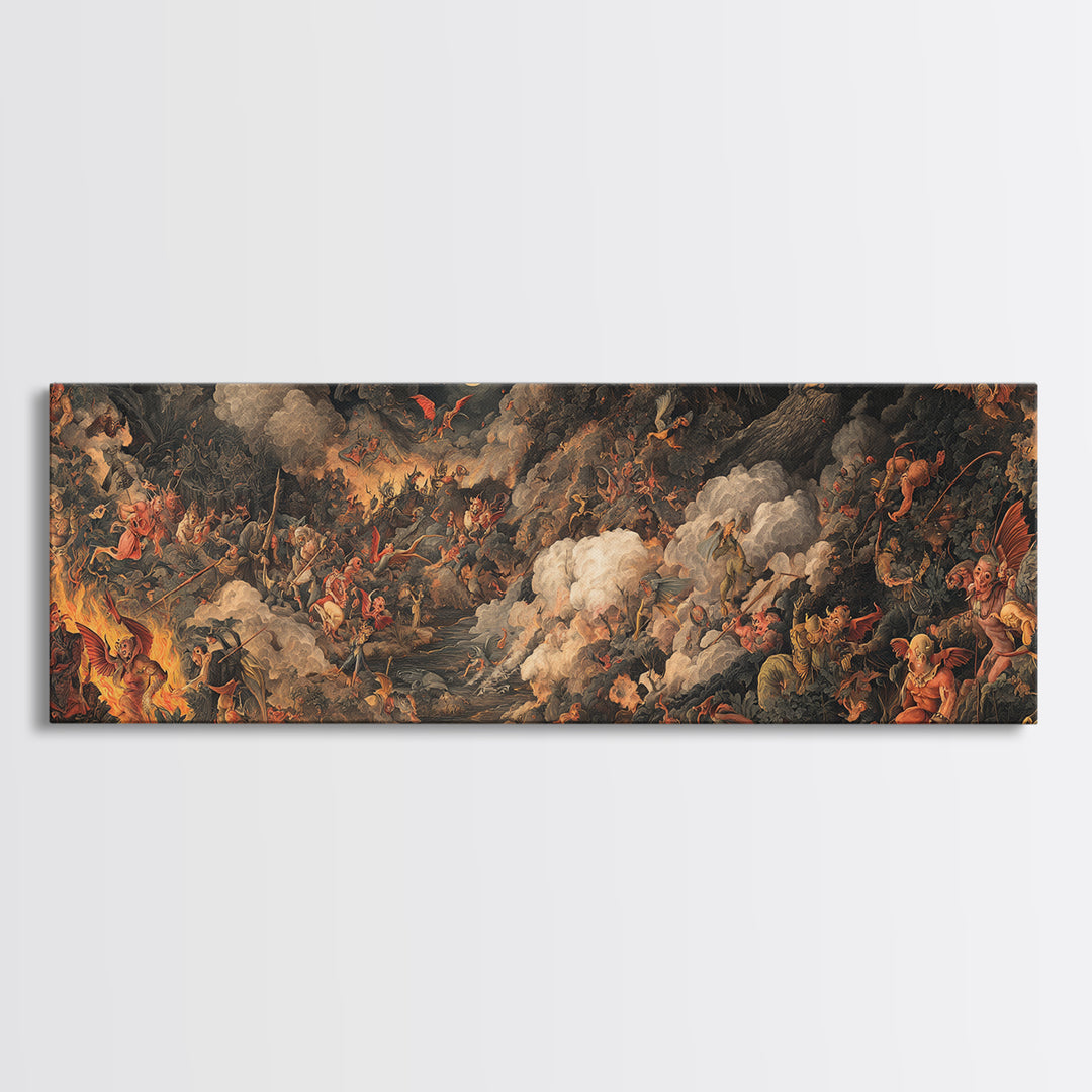 The Volcanic Demon Festival, Medieval Grotesque Art, Extra Wide Wall Art, Dark Halloween Decor, Framed Canvas Print