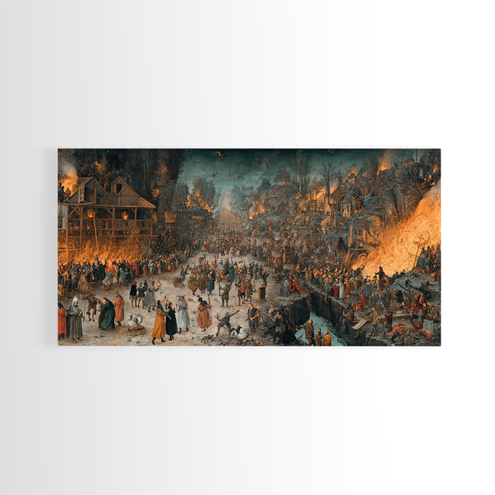 The Volcanic Demon Festival, Northern Renaissance Horror, Wide Panoramic Art, Gothic Horror Wall Art, Framed Canvas Print