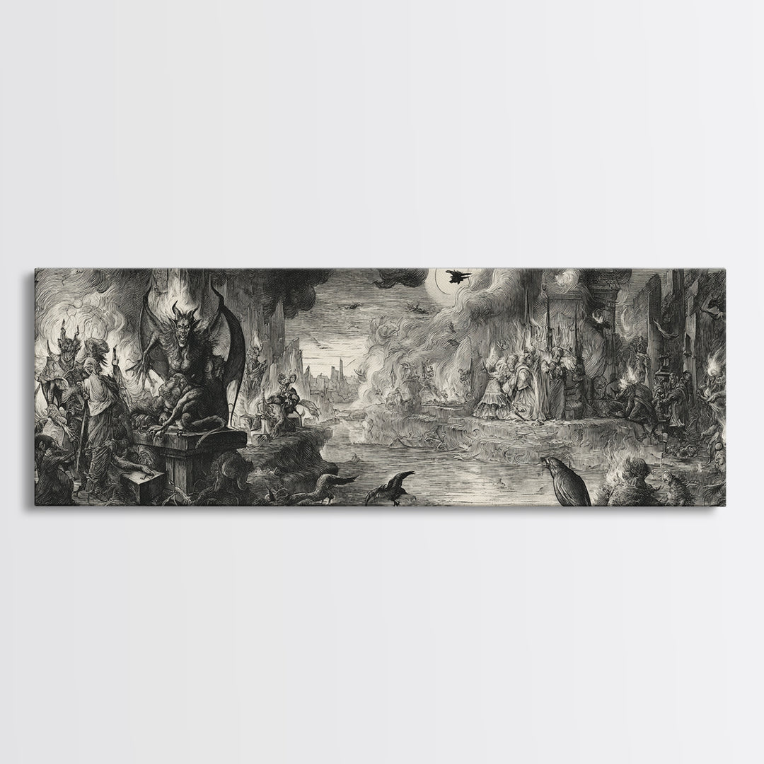 The Volcanic Demon Festival, Renaissance Engraving Art, Extra Wide Wall Art, Dark Halloween Decor, Canvas Print, Halloween Wall Art