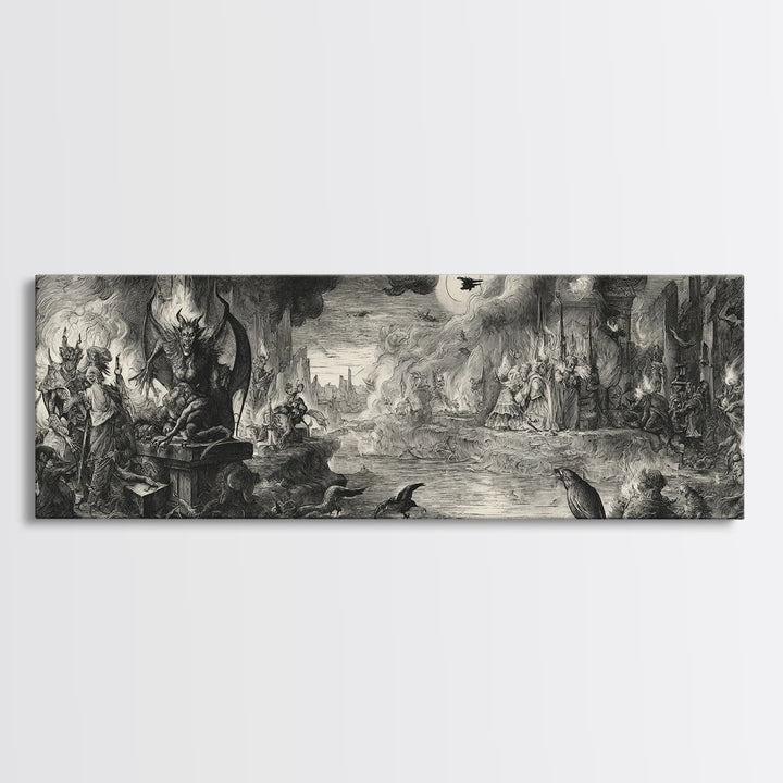 The Volcanic Demon Festival, Renaissance Engraving Art, Extra Wide Wall Art, Dark Halloween Decor, Canvas Print, Halloween Wall Art