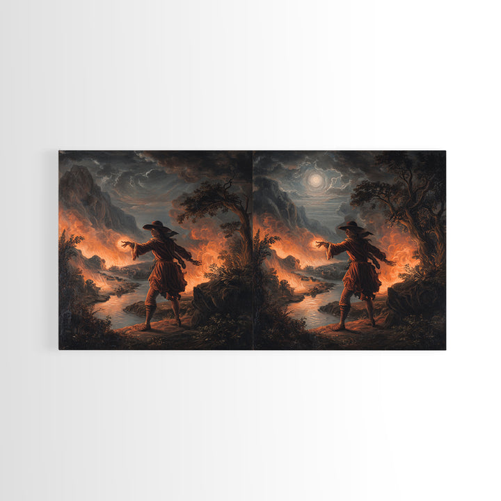 The Volcanic Demon Festival, Baroque Witchcraft Art, Wide Panoramic Art, Gothic Horror Wall Art, Framed Canvas Print, Halloween Wall Art