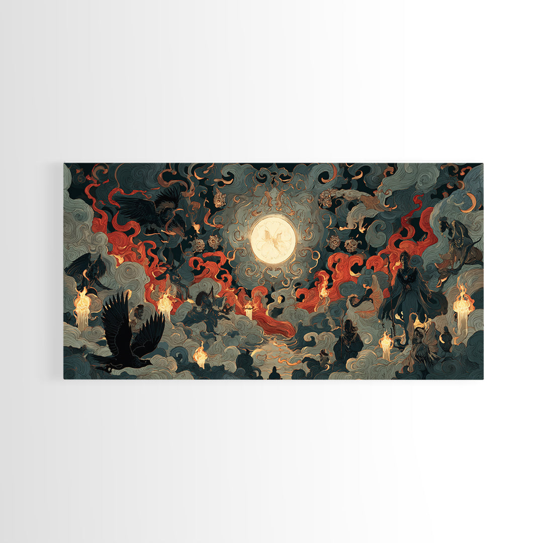 The Volcanic Demon Festival, Visionary Gothic Art, Wide Panoramic Art, Macabre Wall Art, Framed Canvas Print, Halloween Wall Art