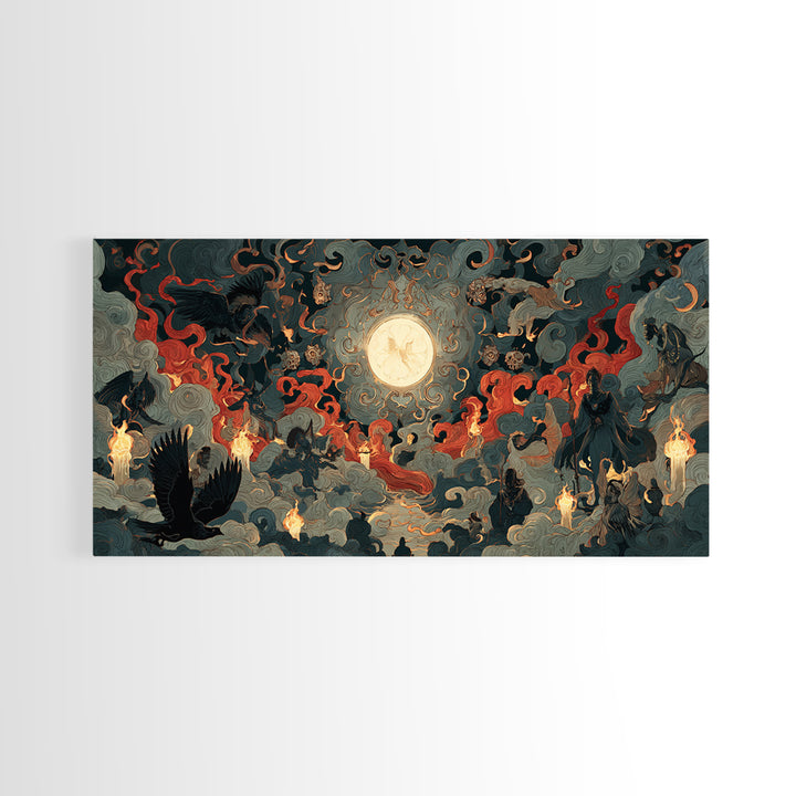 The Volcanic Demon Festival, Visionary Gothic Art, Wide Panoramic Art, Macabre Wall Art, Framed Canvas Print, Halloween Wall Art