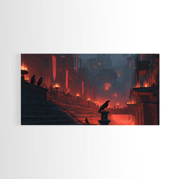 The Volcanic Demon Festival, Architectural Etching Art, Wide Panoramic Art, Gothic Horror Wall Art, Canvas Print