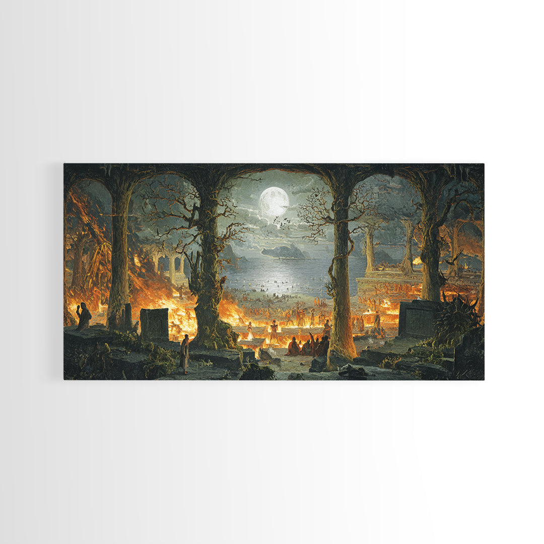 The Volcanic Demon Festival, Romantic Gothic Landscape, Wide Panoramic Art, Dark Halloween Decor, Canvas Print, Halloween Wall Art
