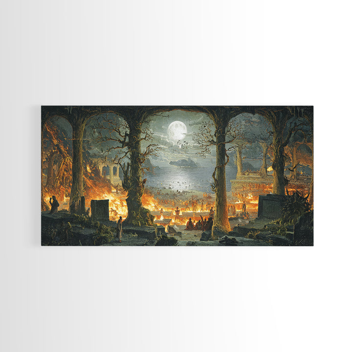 The Volcanic Demon Festival, Romantic Gothic Landscape, Wide Panoramic Art, Dark Halloween Decor, Canvas Print, Halloween Wall Art