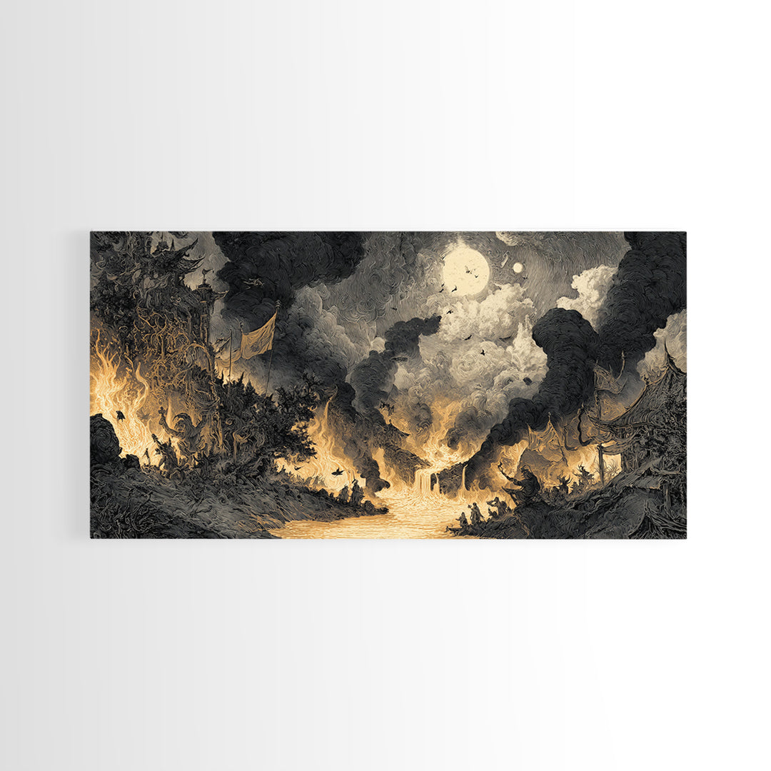 The Volcanic Demon Festival, Expressionist Nightmare Art, Wide Panoramic Art, Dark Halloween Decor, Canvas Print, Halloween Wall Art