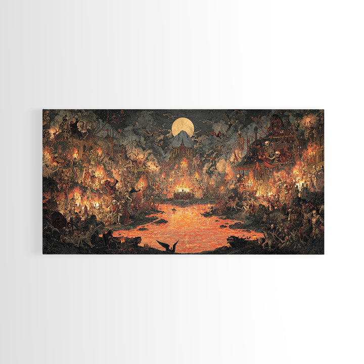 The Volcanic Demon Festival, Grotesque Carnival Art, Wide Panoramic Art, Dark Fantasy Wall Art, Framed Canvas Print, Halloween Wall Art