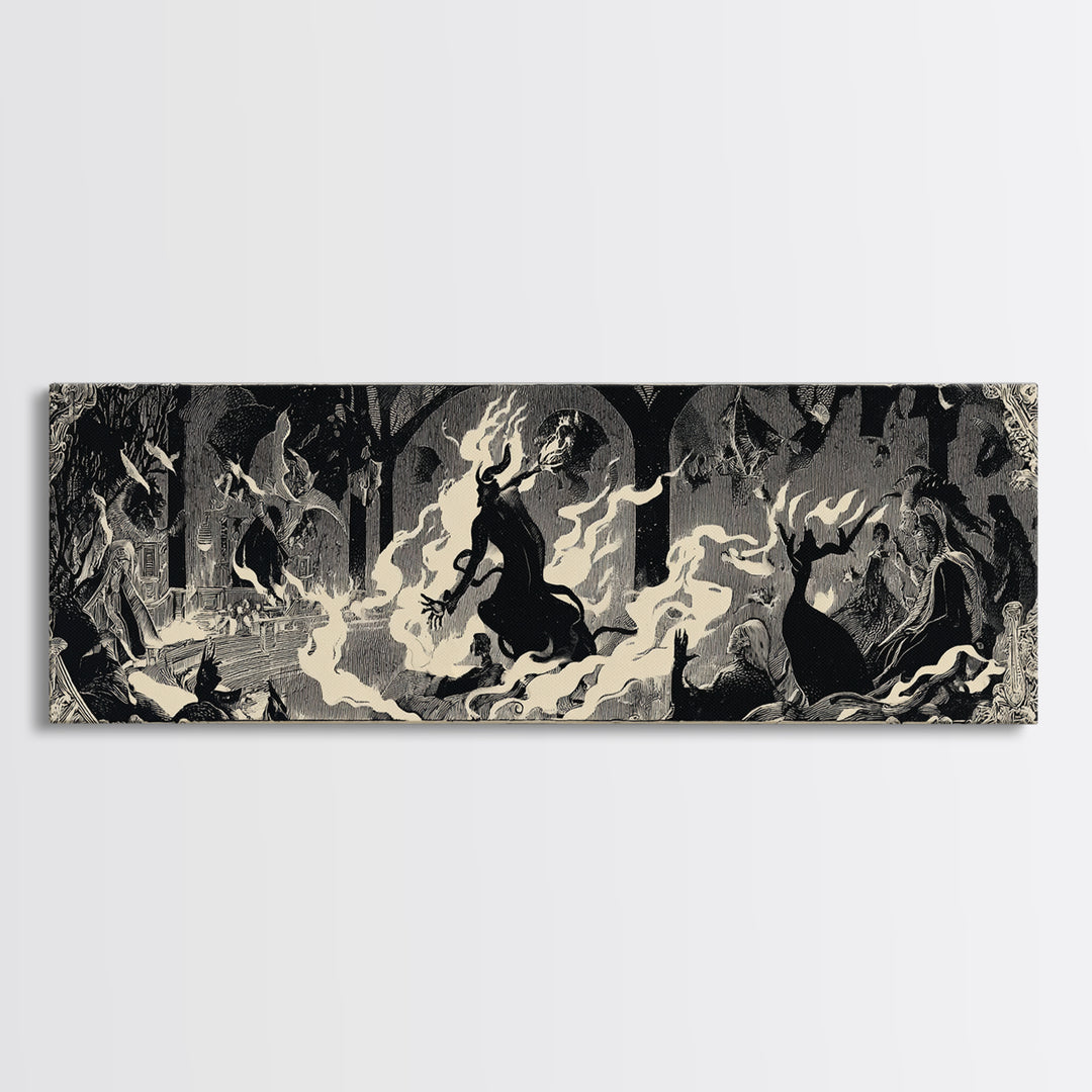 The Volcanic Demon Festival, Decadent Line Art, Extra Wide Wall Art, Dark Halloween Decor, Framed Canvas Print