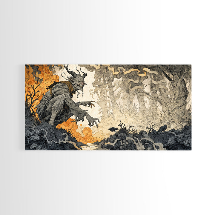 The Volcanic Demon Festival, Gothic Storybook Art, Wide Panoramic Art, Macabre Wall Art, Canvas Print, Halloween Wall Art