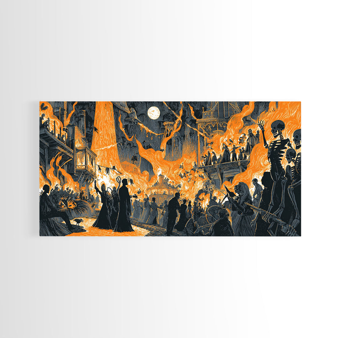 The Volcanic Demon Festival, Macabre Folk Print Art, Wide Panoramic Art, Dark Fantasy Wall Art, Framed Canvas Print