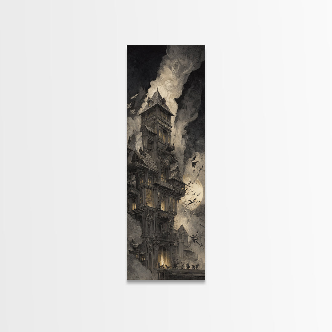 The Clockwork Haunted House, Gothic Engraving Art, Tall Narrow Wall Art, Dark Fantasy Wall Art, Canvas Print, Halloween Wall Art