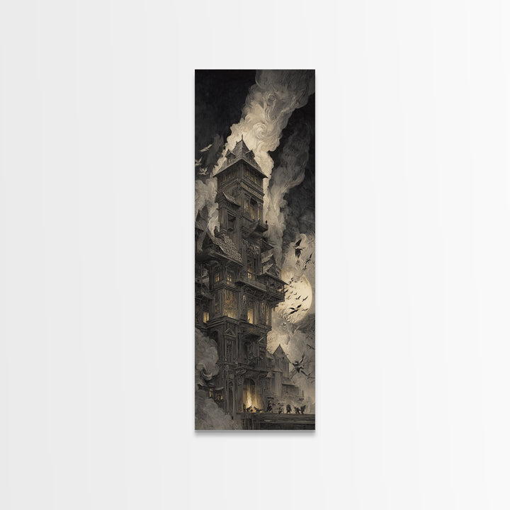 The Clockwork Haunted House, Gothic Engraving Art, Tall Narrow Wall Art, Dark Fantasy Wall Art, Canvas Print, Halloween Wall Art