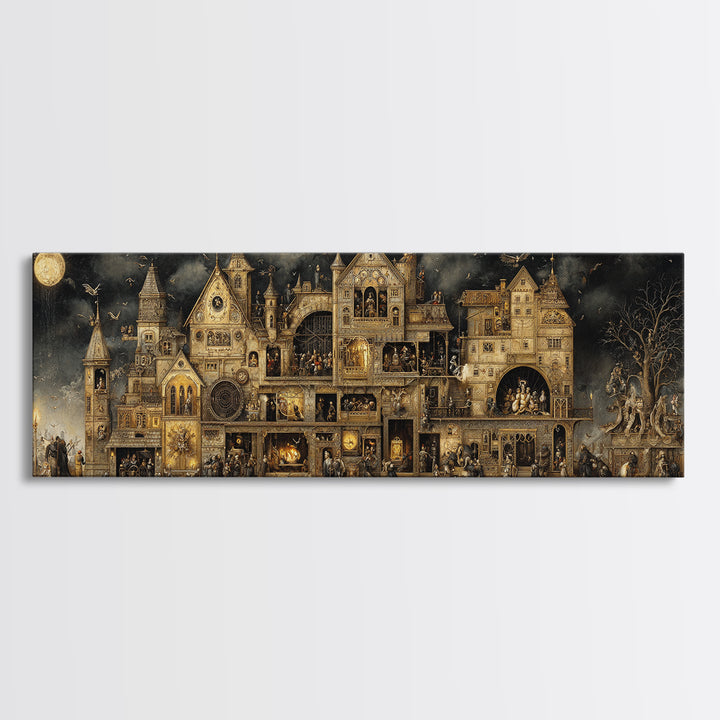 The Clockwork Haunted House, Medieval Grotesque Art, Extra Wide Wall Art, Gothic Horror Wall Art, Canvas Print, Halloween Wall Art