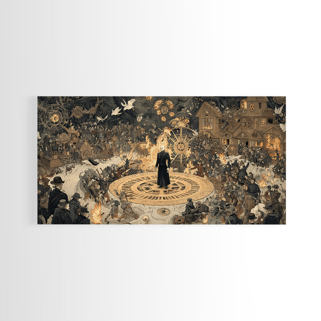 The Clockwork Haunted House, Northern Renaissance Horror, Wide Panoramic Art, Macabre Wall Art, Framed Canvas Print
