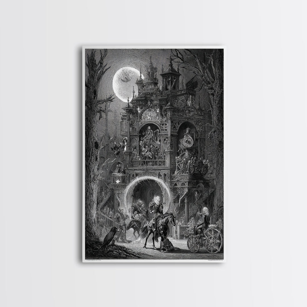 The Clockwork Haunted House, Renaissance Engraving Art, Vertical Wall Art, Macabre Wall Art, Framed Canvas Print, Halloween Wall Art