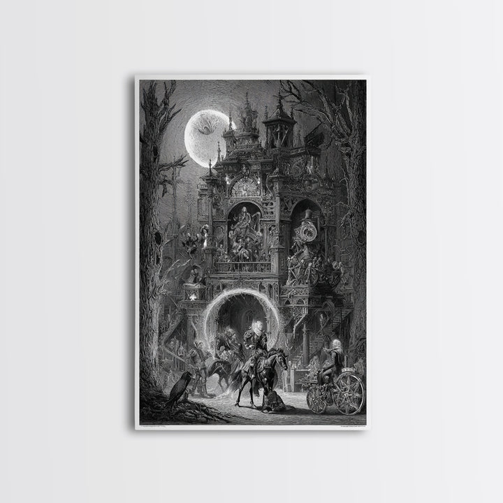 The Clockwork Haunted House, Renaissance Engraving Art, Vertical Wall Art, Macabre Wall Art, Framed Canvas Print, Halloween Wall Art