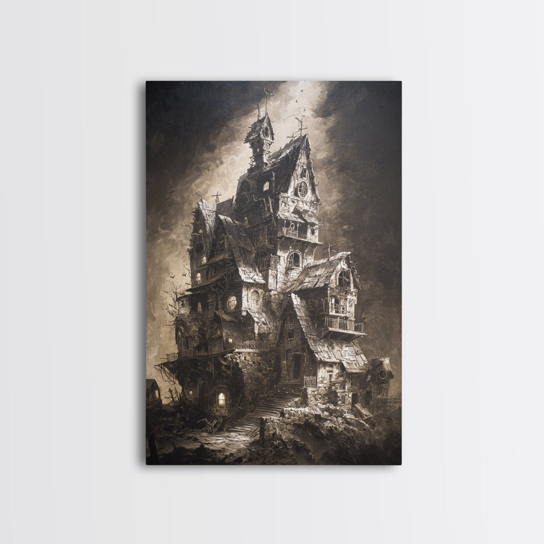 The Clockwork Haunted House, Dark Romantic Horror Art, Vertical Wall Art, Dark Fantasy Wall Art, Canvas Print, Halloween Wall Art