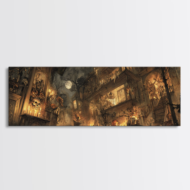 The Clockwork Haunted House, Visionary Gothic Art, Extra Wide Wall Art, Gothic Horror Wall Art, Canvas Print, Halloween Wall Art