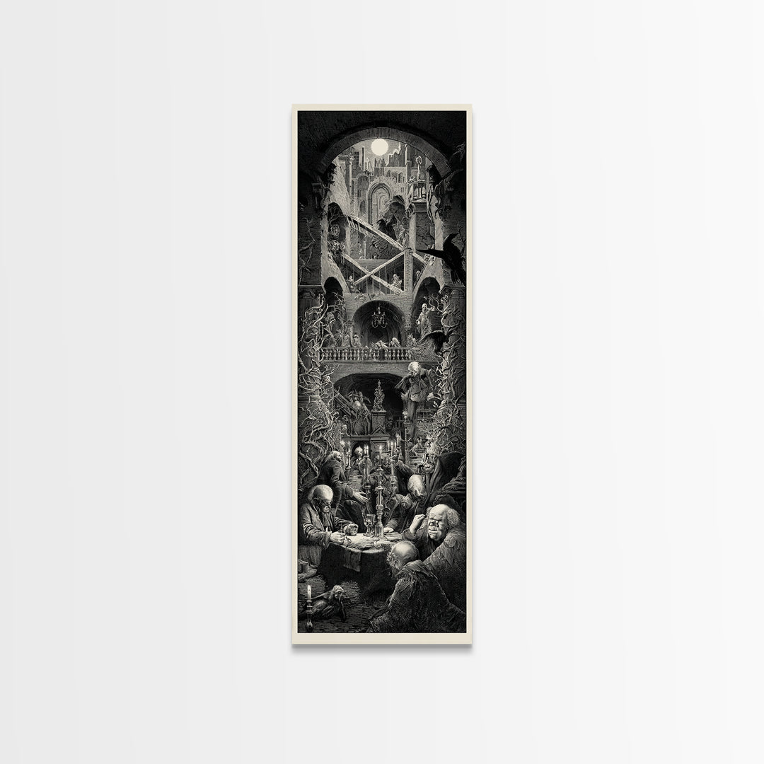The Clockwork Haunted House, Architectural Etching Art, Tall Narrow Wall Art, Dark Halloween Decor, Canvas Print