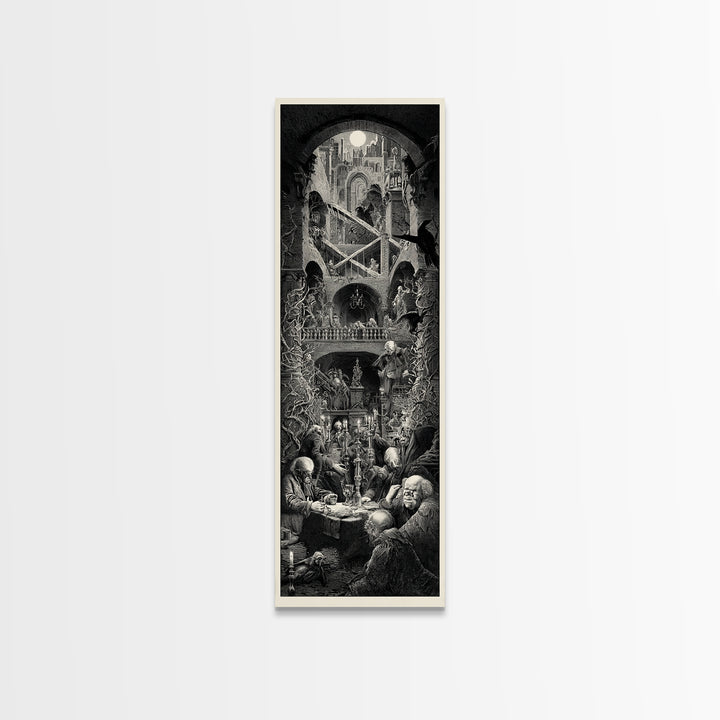 The Clockwork Haunted House, Architectural Etching Art, Tall Narrow Wall Art, Dark Halloween Decor, Canvas Print