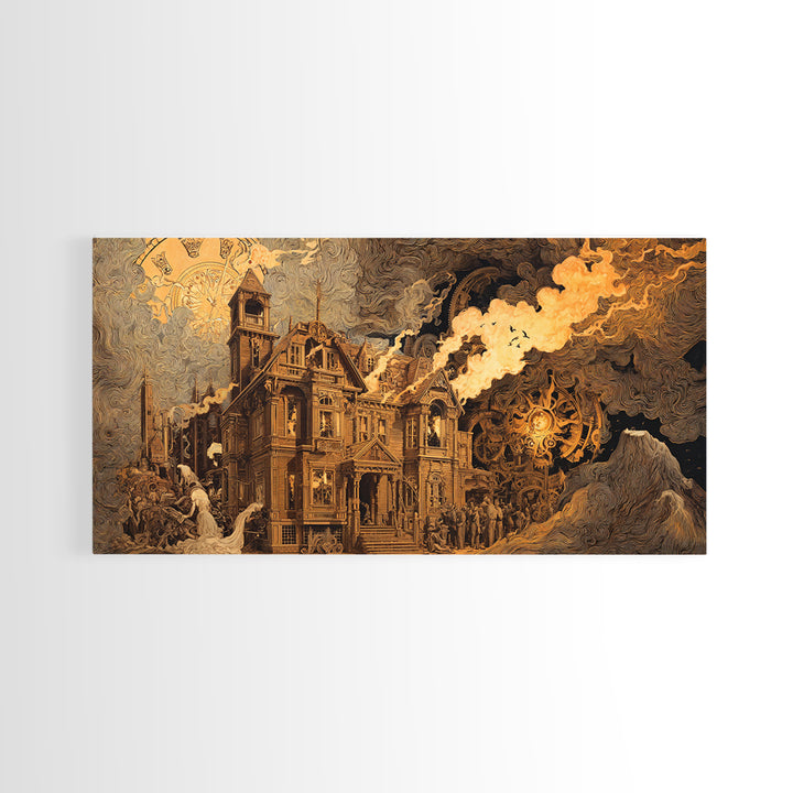 The Clockwork Haunted House, Apocalyptic Romantic Art, Wide Panoramic Art, Gothic Horror Wall Art, Canvas Print, Halloween Wall Art