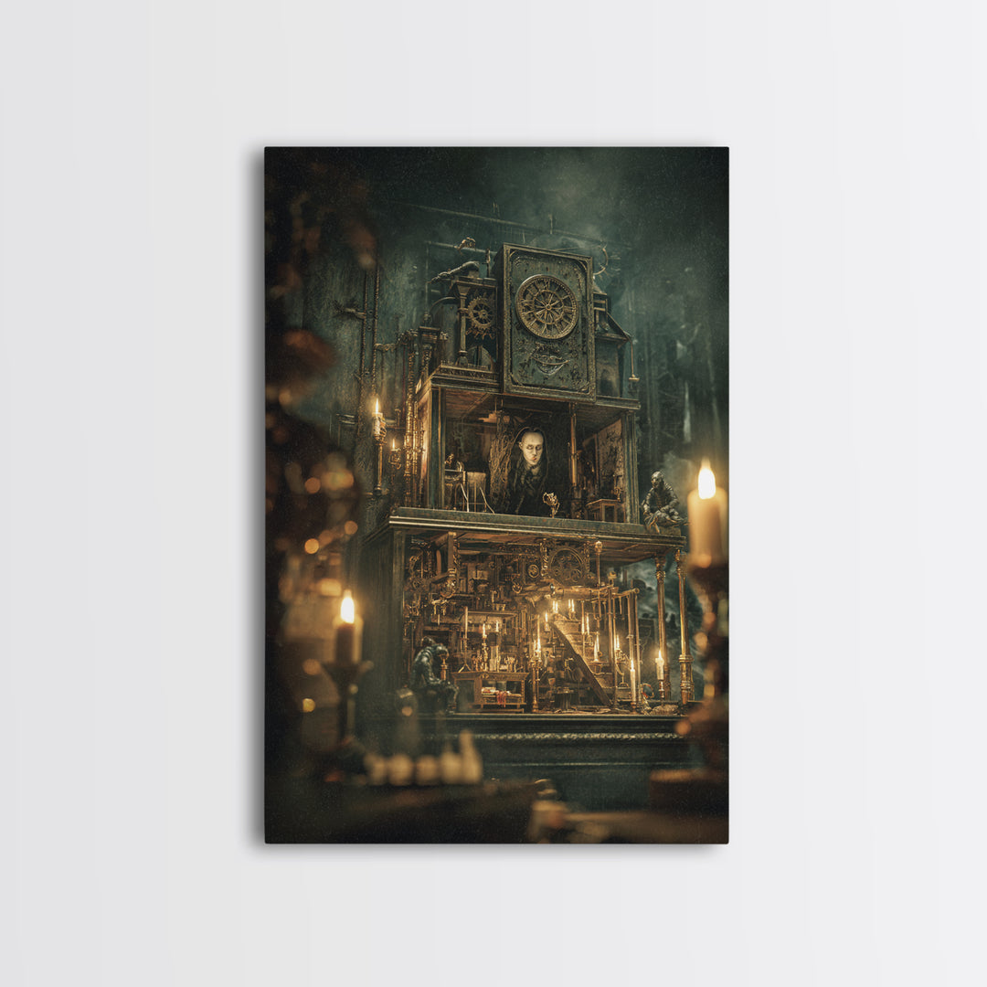 The Clockwork Haunted House, Ornate Symbolist Art, Vertical Wall Art, Dark Halloween Decor, Framed Canvas Print, Halloween Wall Art