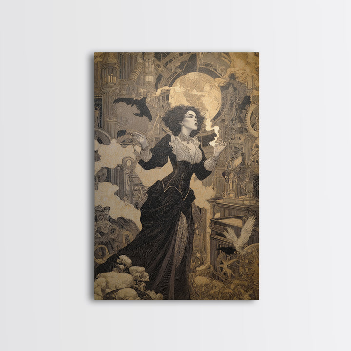 The Clockwork Haunted House, Symbolist Death Art, Vertical Wall Art, Gothic Horror Wall Art, Framed Canvas Print, Halloween Wall Art