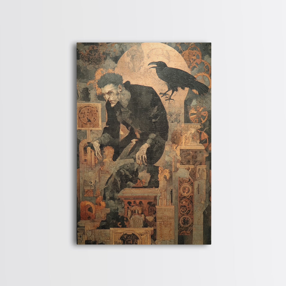 The Clockwork Haunted House, Symbolist Etching Art, Vertical Wall Art, Dark Halloween Decor, Canvas Print, Halloween Wall Art