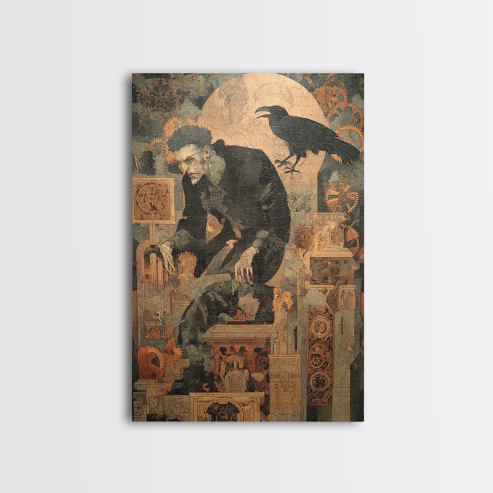 The Clockwork Haunted House, Symbolist Etching Art, Vertical Wall Art, Dark Halloween Decor, Canvas Print, Halloween Wall Art