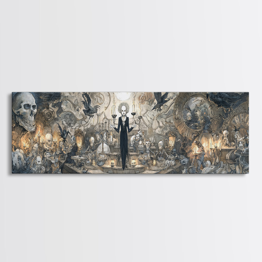 The Clockwork Haunted House, Expressionist Nightmare Art, Extra Wide Wall Art, Dark Halloween Decor, Framed Canvas Print, Halloween Wall Art