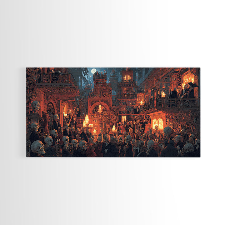 The Clockwork Haunted House, Grotesque Carnival Art, Wide Panoramic Art, Gothic Horror Wall Art, Canvas Print, Halloween Wall Art