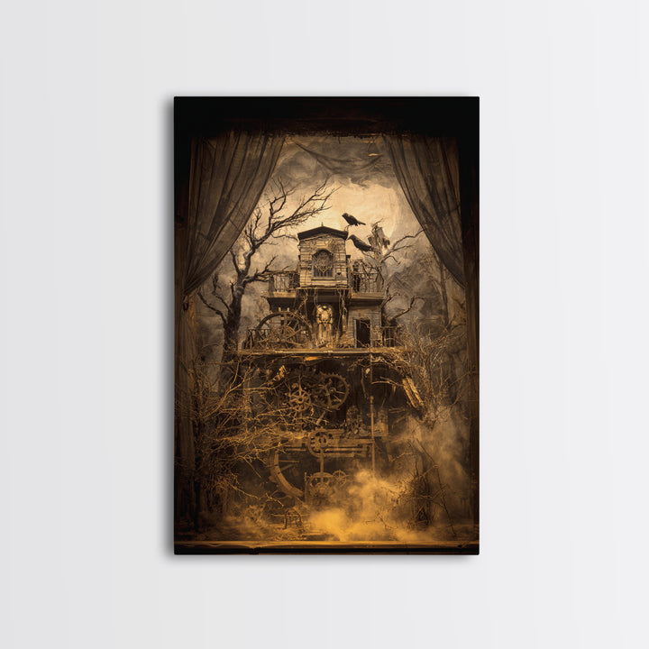 The Clockwork Haunted House, Expressionist Gothic Art, Vertical Wall Art, Dark Fantasy Wall Art, Framed Canvas Print, Halloween Wall Art