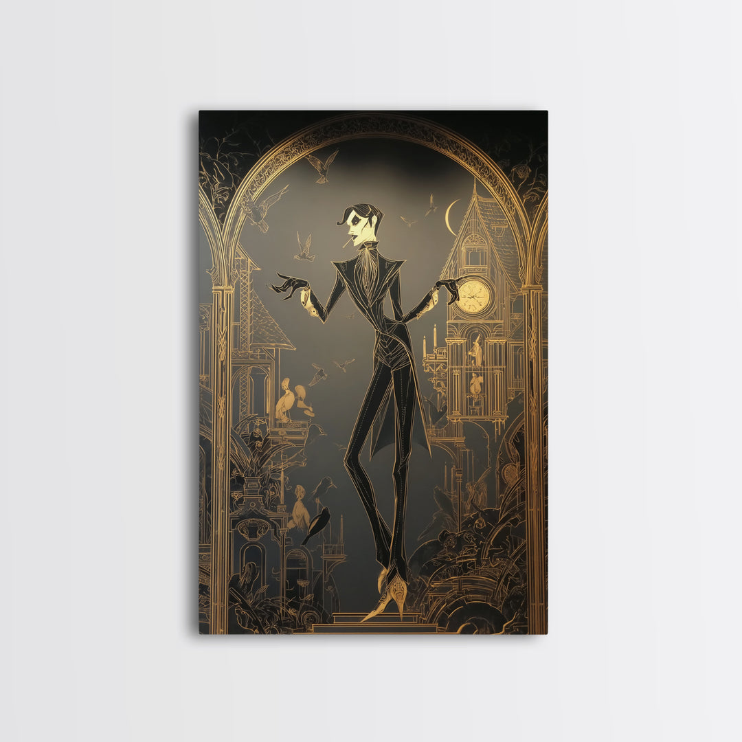 The Clockwork Haunted House, Decadent Line Art, Vertical Wall Art, Gothic Horror Wall Art, Framed Canvas Print