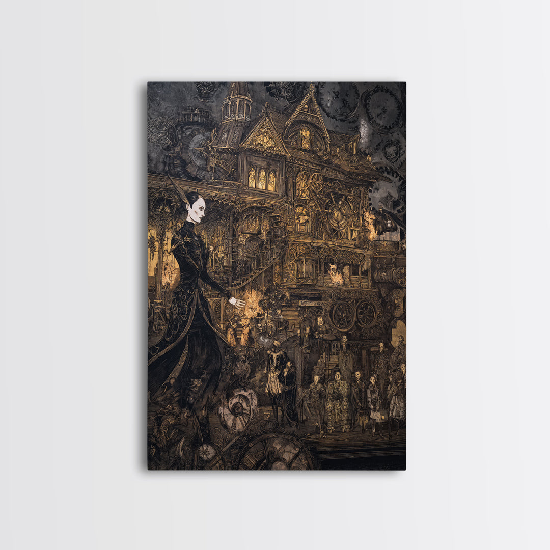 The Clockwork Haunted House, Stained Glass Gothic Art, Vertical Wall Art, Dark Fantasy Wall Art, Canvas Print, Halloween Wall Art